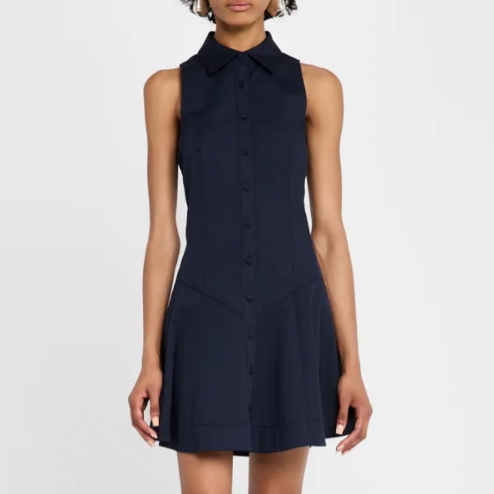 NWT Cinq a Sept Poppy Sleeveless Flared Mini Poplin Shirtdress - Navy Blue Sz4 - Picture 3 of 11